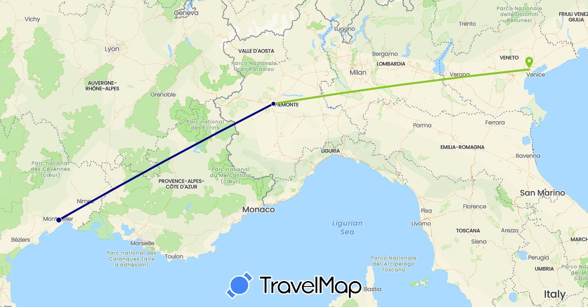 TravelMap itinerary: driving, electric vehicle in France, Italy (Europe)
